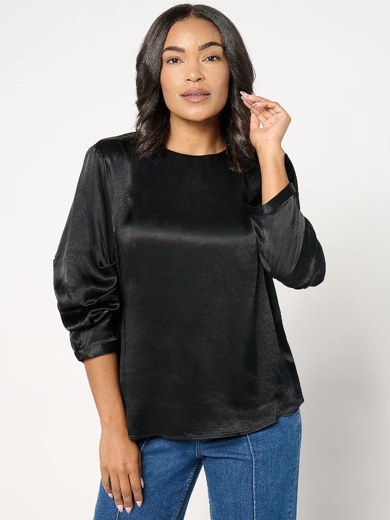 Me By Jennie Garth Sterling Satin Blouse W/ Sleeve Detail, Blk Sz Xxs A670945